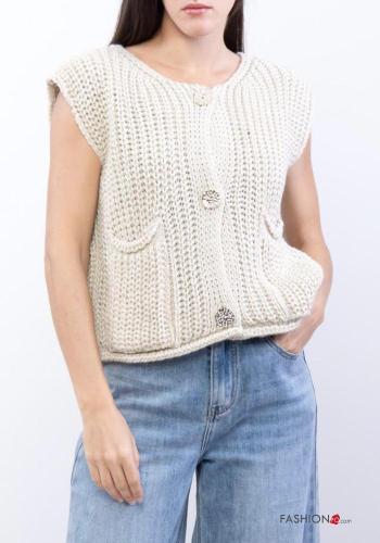 Embroidered sleeveless crew neck knitted Cardigan with buttons with pockets - ph 1