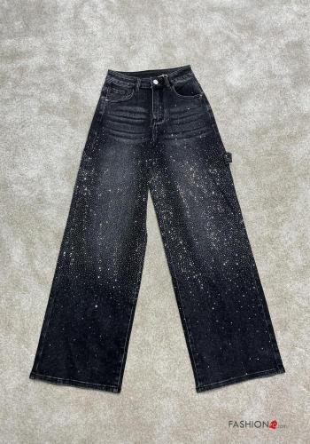 Vaqueros de Algodón tela vaquera wide leg con botones con cremallera con brillantes con bolsillos