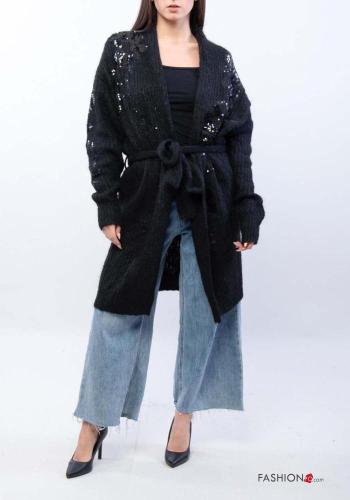 Cardigan in Misto Lana maniche lunghe con paillettes con cintura in stoffa