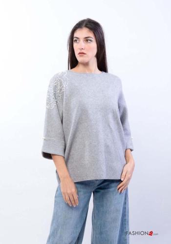 crew neck Sweater with pearls 3/4 sleeve with rhinestones