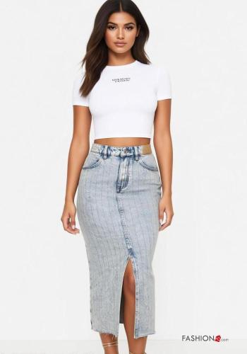 Falda de Algodón tela vaquera Longuette con abertura con cremallera con botones con bolsillos con brillantes