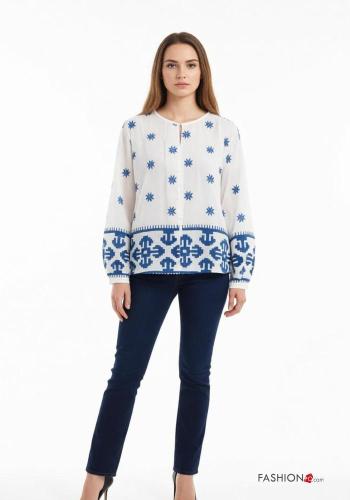 Camicia in Cotone maniche lunghe girocollo Fantasia ricamata con bottoni