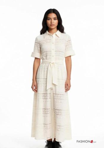 Embroidered lace trim with collar Dress with fabric belt 3/4 sleeve with buttons - ph 1