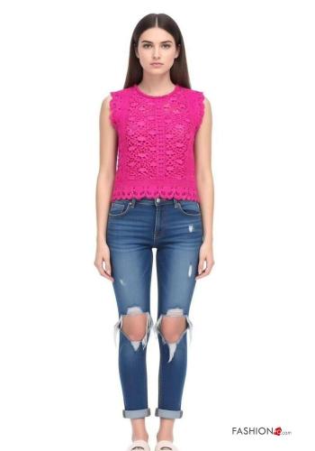 Top senza maniche girocollo Fantasia ricamata con zip
