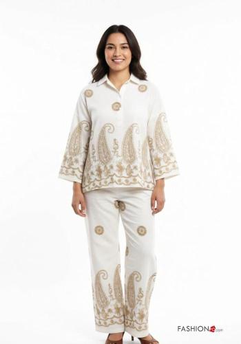 Chemise en Lin wide leg à collet manches longues Imprimé paisley à boutons avec élastique