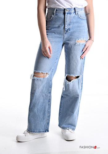 Jeans in Cotone wide leg strappati con tasche