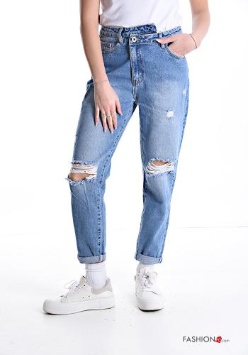 ripped asymmetrical Cotton Jeans with pockets