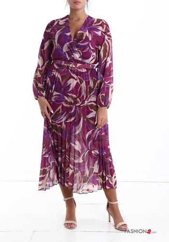 Leaf print pleated long Dress with belt with v-neck