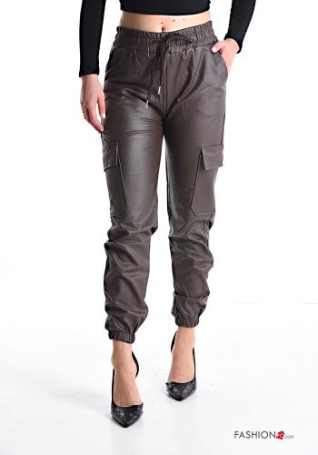 faux leather Trousers with drawstring with elastic with pockets