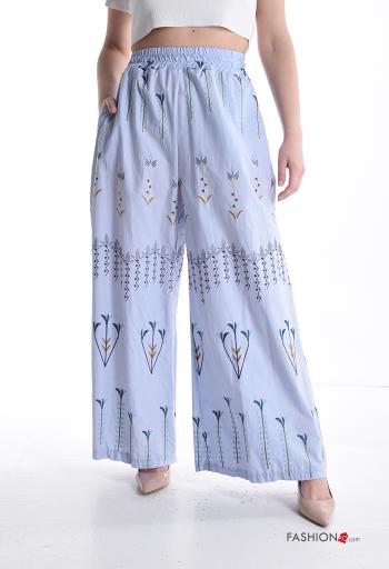 Pantalone in Cotone wide leg Fantasia ricamata con tasche con elastico