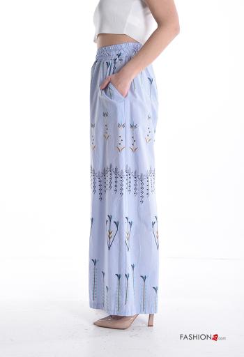 Pantalone in Cotone wide leg Fantasia ricamata con tasche con elastico - ph 3