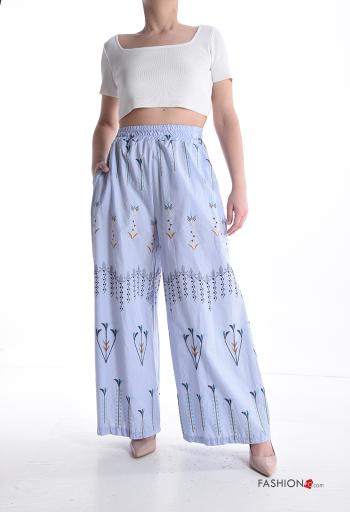 Pantalone in Cotone wide leg Fantasia ricamata con tasche con elastico - ph 5