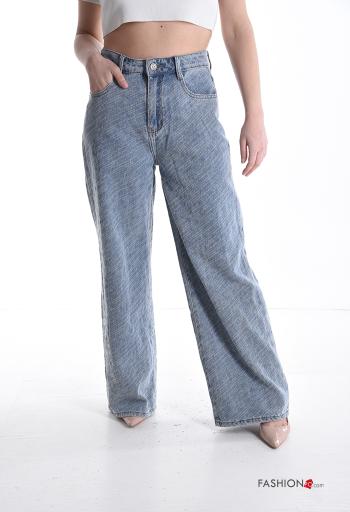 high waist wide leg Cotton Jeans with buttons with zip with pockets - ph 1