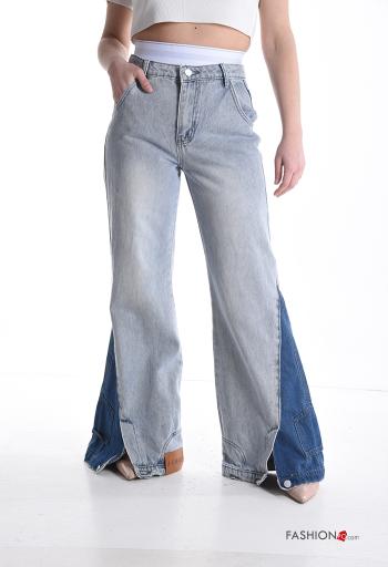 flared high waist Cotton Jeans with buttons with zip with pockets