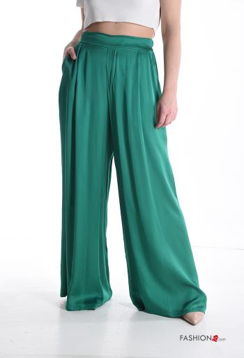 Pantalone in Seta wide leg raso vita alta con tasche
