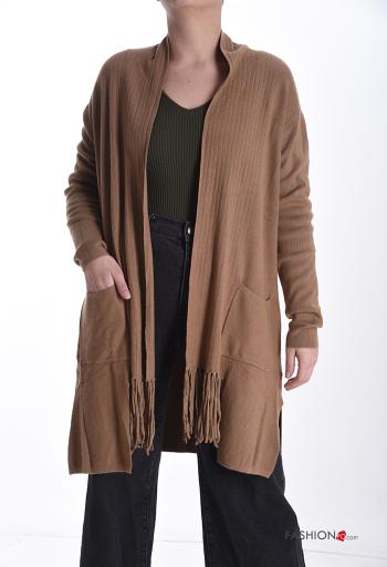 Cardigan maniche lunghe con spacco con tasche con frange