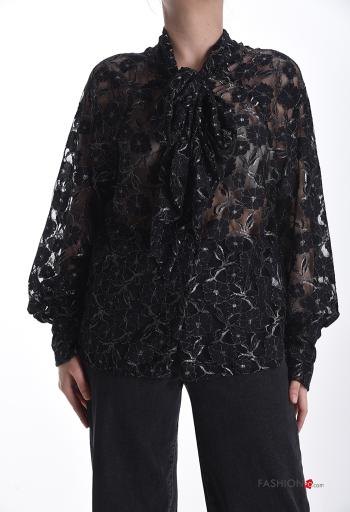 Camicia pizzo maniche lunghe Fantasia ricamata con bottoni con fiocco