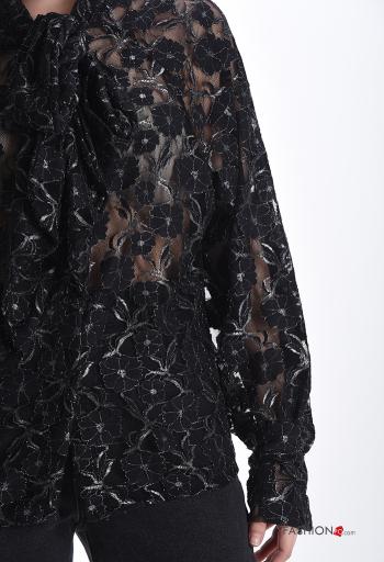 Camicia pizzo maniche lunghe Fantasia ricamata con bottoni con fiocco - ph 4