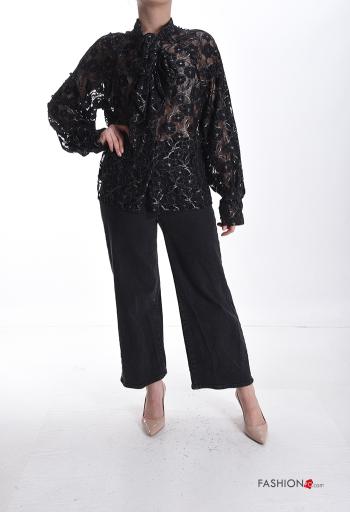 Camicia pizzo maniche lunghe Fantasia ricamata con bottoni con fiocco - ph 5