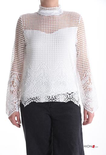 T-shirt à manches longues détail dentelle à broderie à col roulé avec fermeture éclair