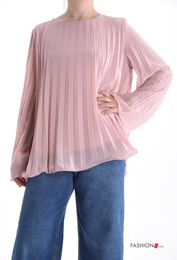 crew neck chiffon extra long sleeve pleated Blouse - ph 1