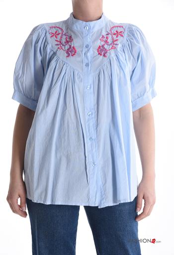 Camicia in Cotone maniche a palloncino maniche corte Fantasia ricamata con bottoni