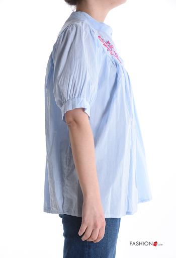 Camicia in Cotone maniche a palloncino maniche corte Fantasia ricamata con bottoni - ph 3