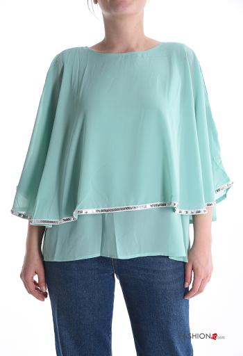 Blusa girocollo metallizzato maniche volant chiffon maniche lunghe - ph 1
