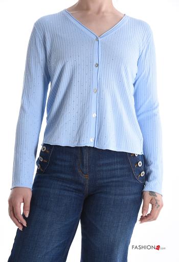 Cardigan costine maniche lunghe scollo a V con strass - ph 1