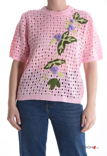 Embroidered short sleeve crew neck knitted Sweater - ph 1