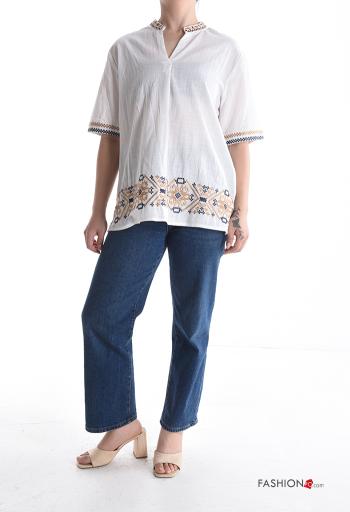 Blusa in Cotone maniche corte Fantasia ricamata - ph 5