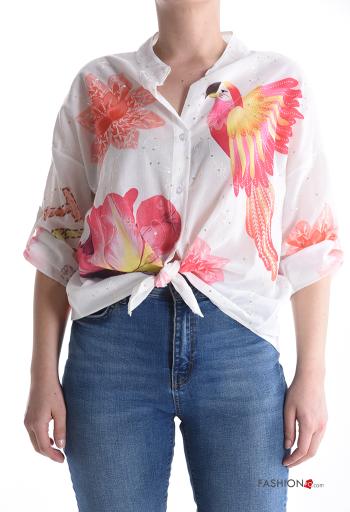 Chemise en Coton imprimé avec strass manches à trois-quarts à boutons