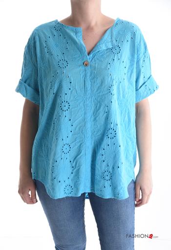 Blusa in Cotone maniche corte Fantasia ricamata con bottoni