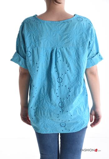 Blusa in Cotone maniche corte Fantasia ricamata con bottoni - ph 2