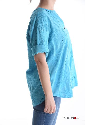 Blusa in Cotone maniche corte Fantasia ricamata con bottoni - ph 3