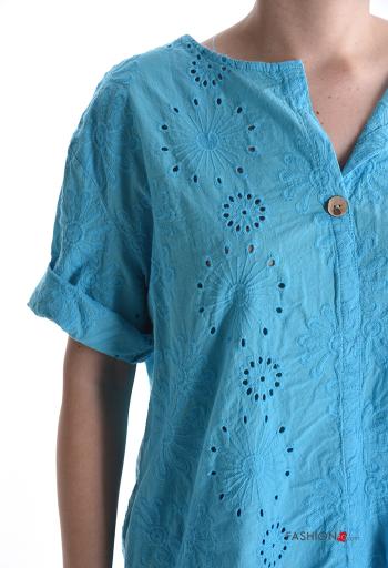 Blusa in Cotone maniche corte Fantasia ricamata con bottoni - ph 4