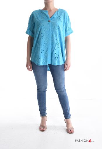 Blusa in Cotone maniche corte Fantasia ricamata con bottoni - ph 5