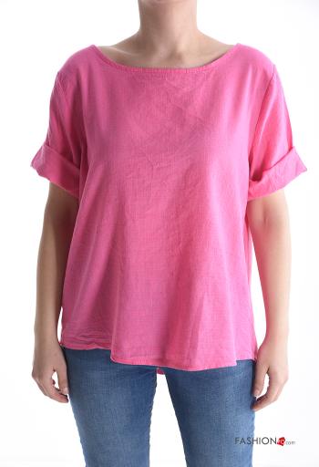 Blusa in Lino girocollo con bottoni maniche a tre quarti