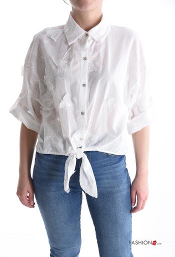 Camicia in Cotone con colletto Fantasia ricamata con bottoni maniche a tre quarti