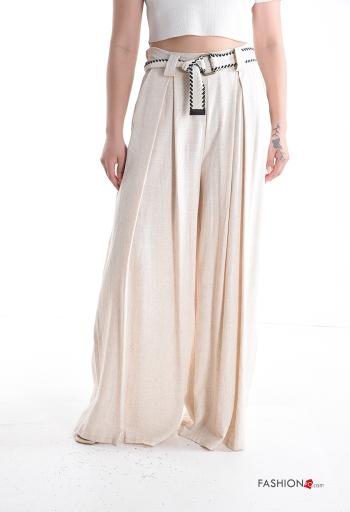 Pantalon en Lin taille haute wide leg avec ceinture avec poches