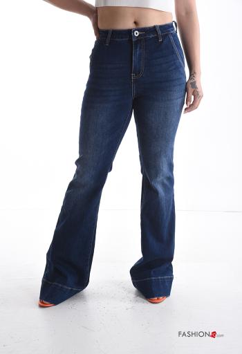 denim long flared Cotton Jeans with buttons with zip with pockets