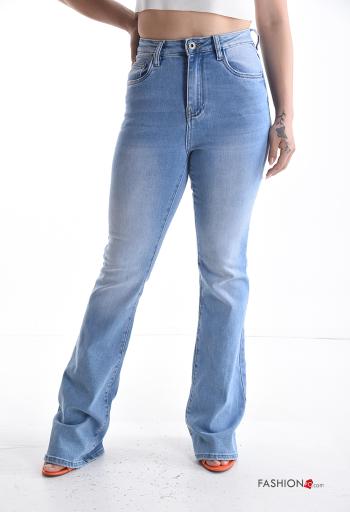 denim long flared Cotton Jeans with buttons with zip with pockets
