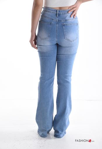 denim long flared Cotton Jeans with buttons with zip with pockets - ph 2