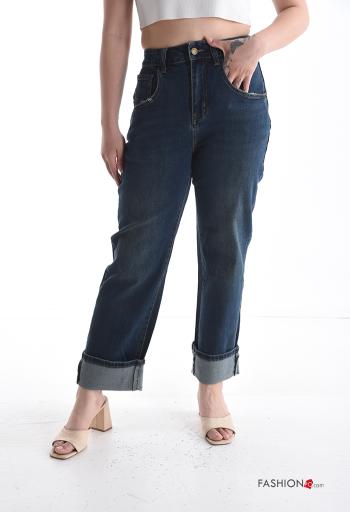 denim high waist Cotton Jeans with buttons with zip with pockets