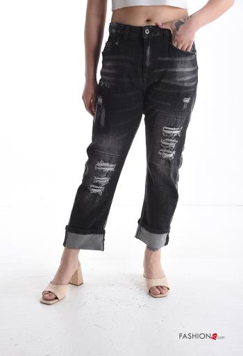 denim ripped Cotton Jeans with buttons with zip with pockets
