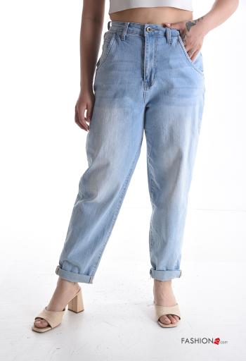 Jeans in Cotone denim con tasche con bottoni con zip