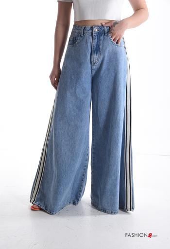 Jeans in Cotone wide leg denim vita alta con tasche con bottoni con zip