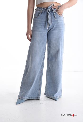 Jeans in Cotone wide leg denim vita alta con cintura in stoffa con zip con bottoni con tasche