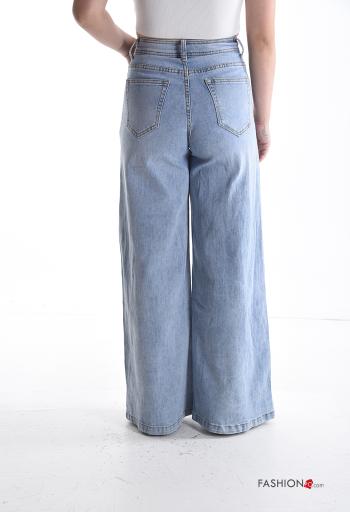 Jeans in Cotone wide leg denim vita alta con cintura in stoffa con zip con bottoni con tasche - ph 2