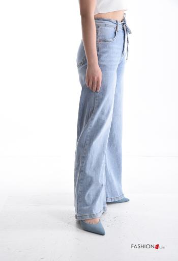 Jeans in Cotone wide leg denim vita alta con cintura in stoffa con zip con bottoni con tasche - ph 3